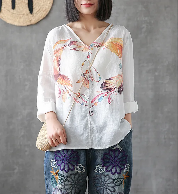 Flower Print Long Sleeve V Neck Linen Shirts Summer Women Tops DZA2005317