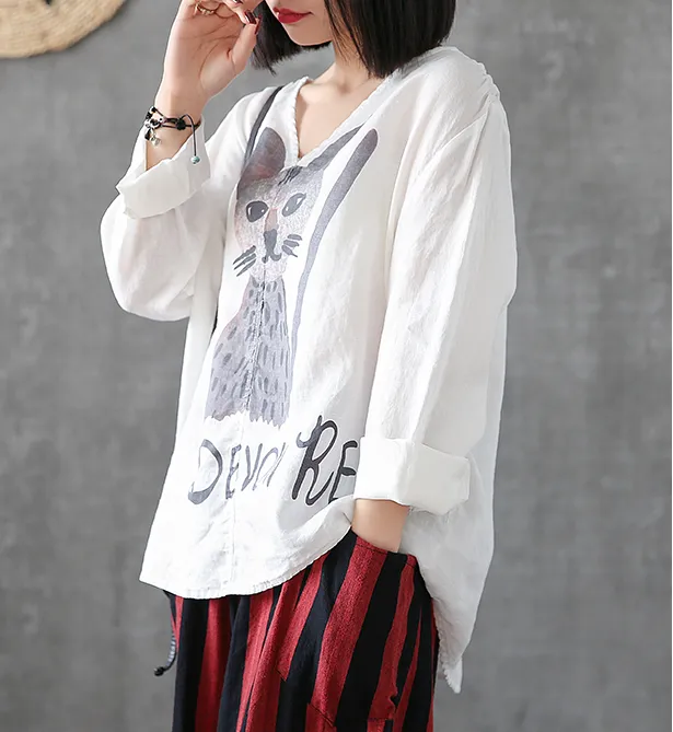 Flower Print Long Sleeve V Neck Linen Shirts Summer Women Tops DZA2005317