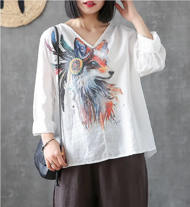 Flower Print Long Sleeve V Neck Linen Shirts Summer Women Tops DZA2005317