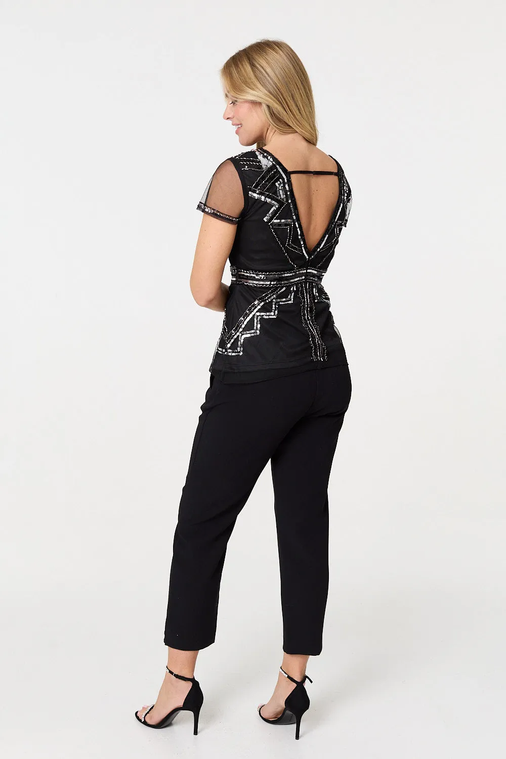 Geometric Sequin Mesh Short Sleeve Top