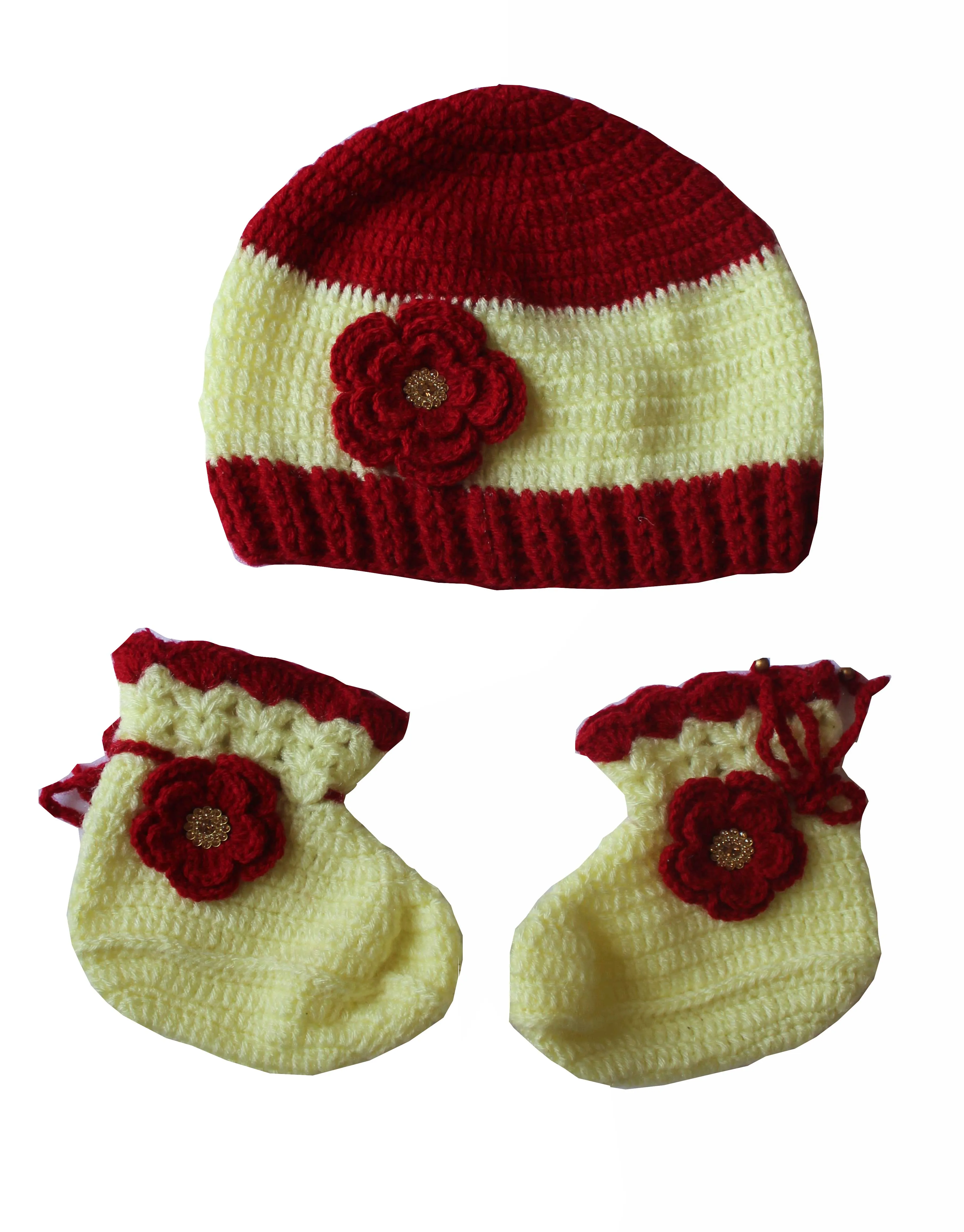 Graminarts Red and leman color vardhman wool Handmade baby woolen frock set Suitable for winter