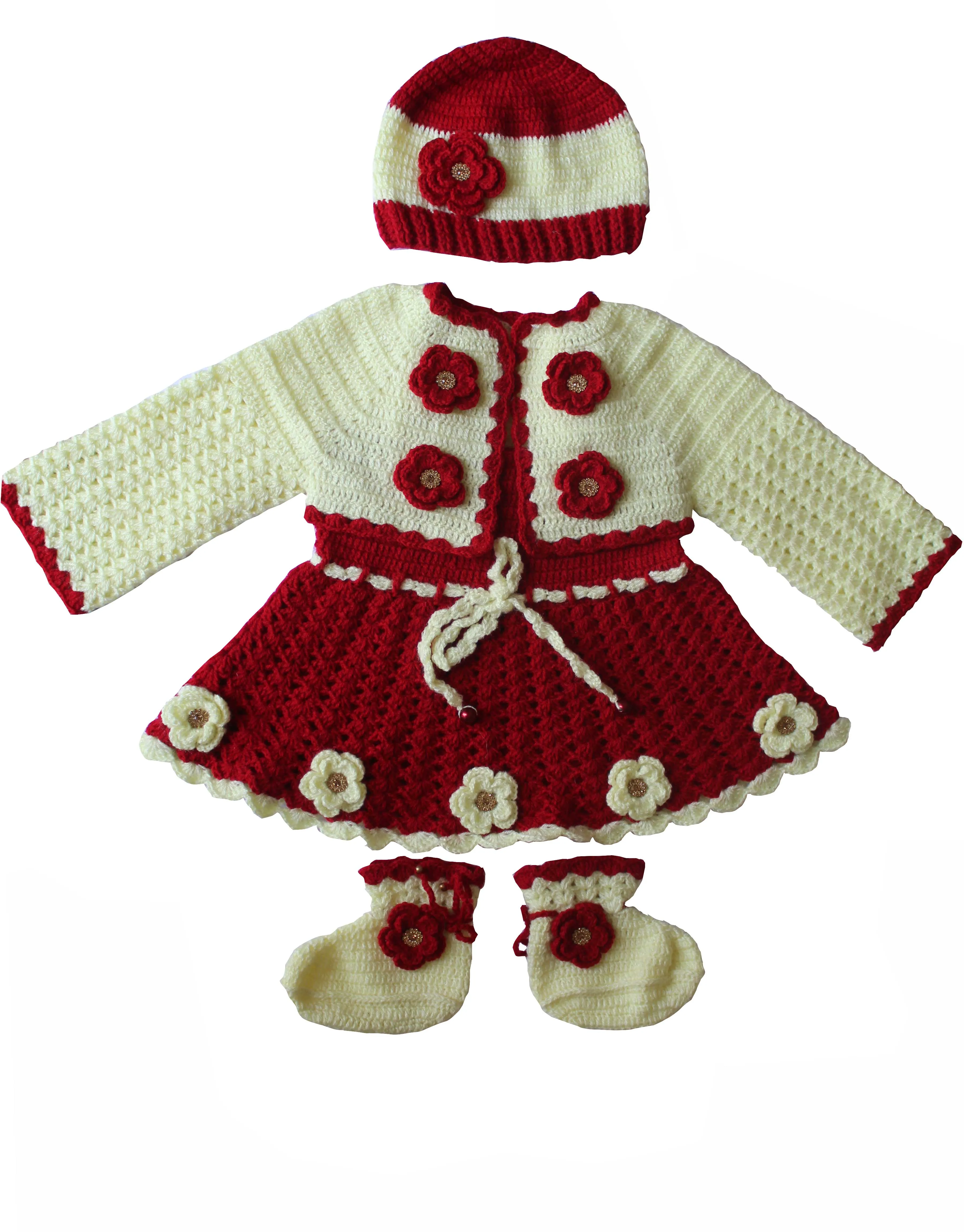 Graminarts Red and leman color vardhman wool Handmade baby woolen frock set Suitable for winter