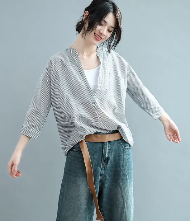 Gray Women Casual Blouse Cotton Linen Shirts Loose Blouse Plus Size Women Tops QZ2005052