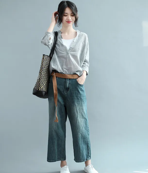 Gray Women Casual Blouse Cotton Linen Shirts Loose Blouse Plus Size Women Tops QZ2005052