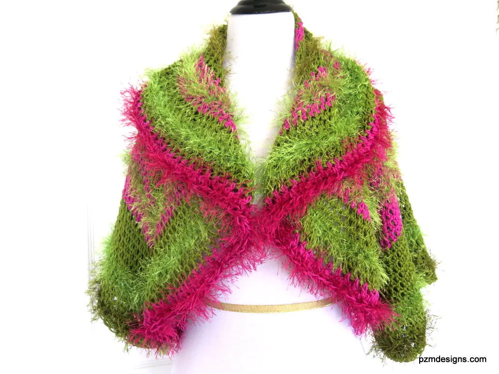 Green and Pink Unusual Designer Circle Shrug, Colorful Fashion Hand Crochet Jacket