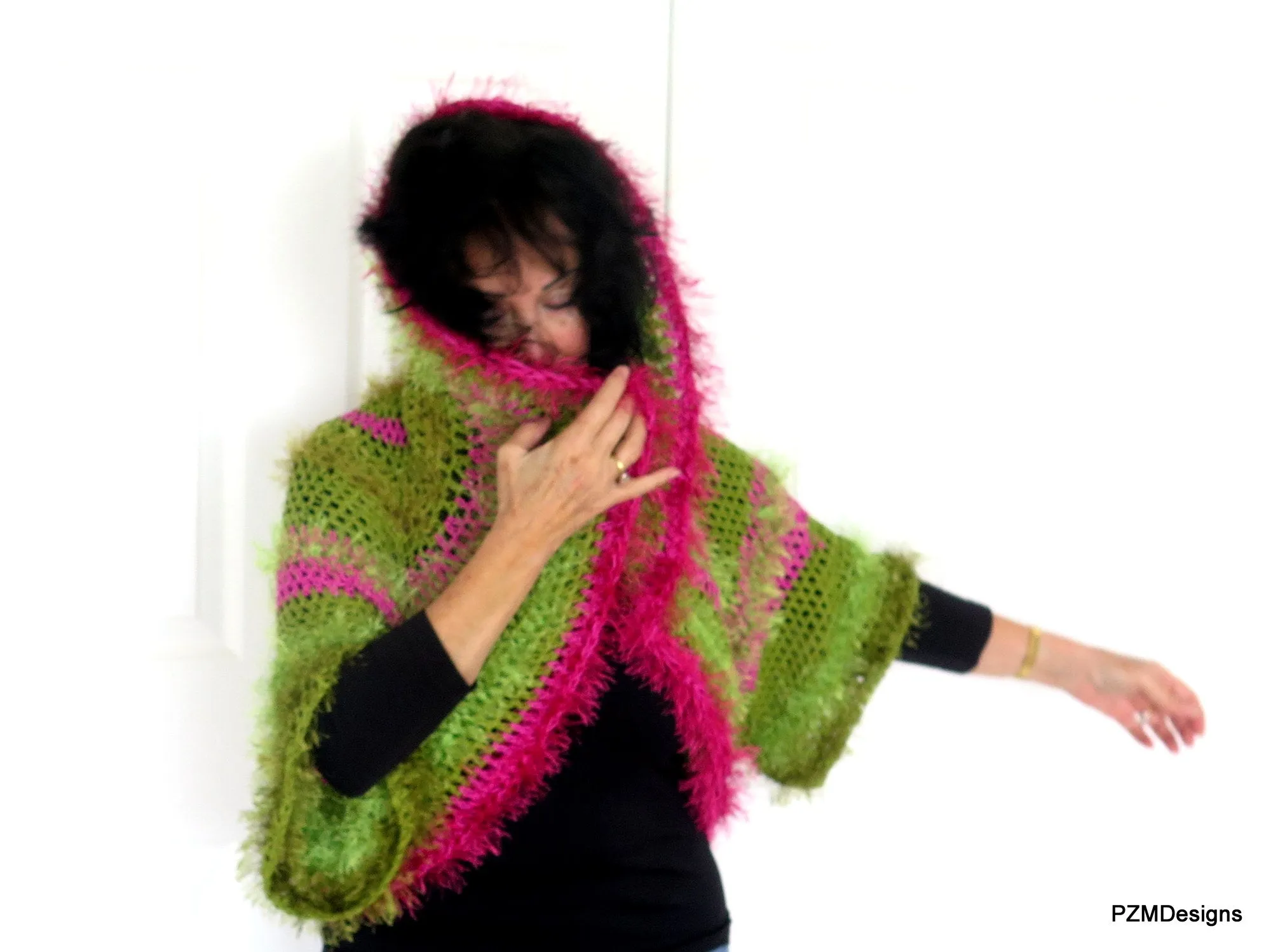 Green and Pink Unusual Designer Circle Shrug, Colorful Fashion Hand Crochet Jacket