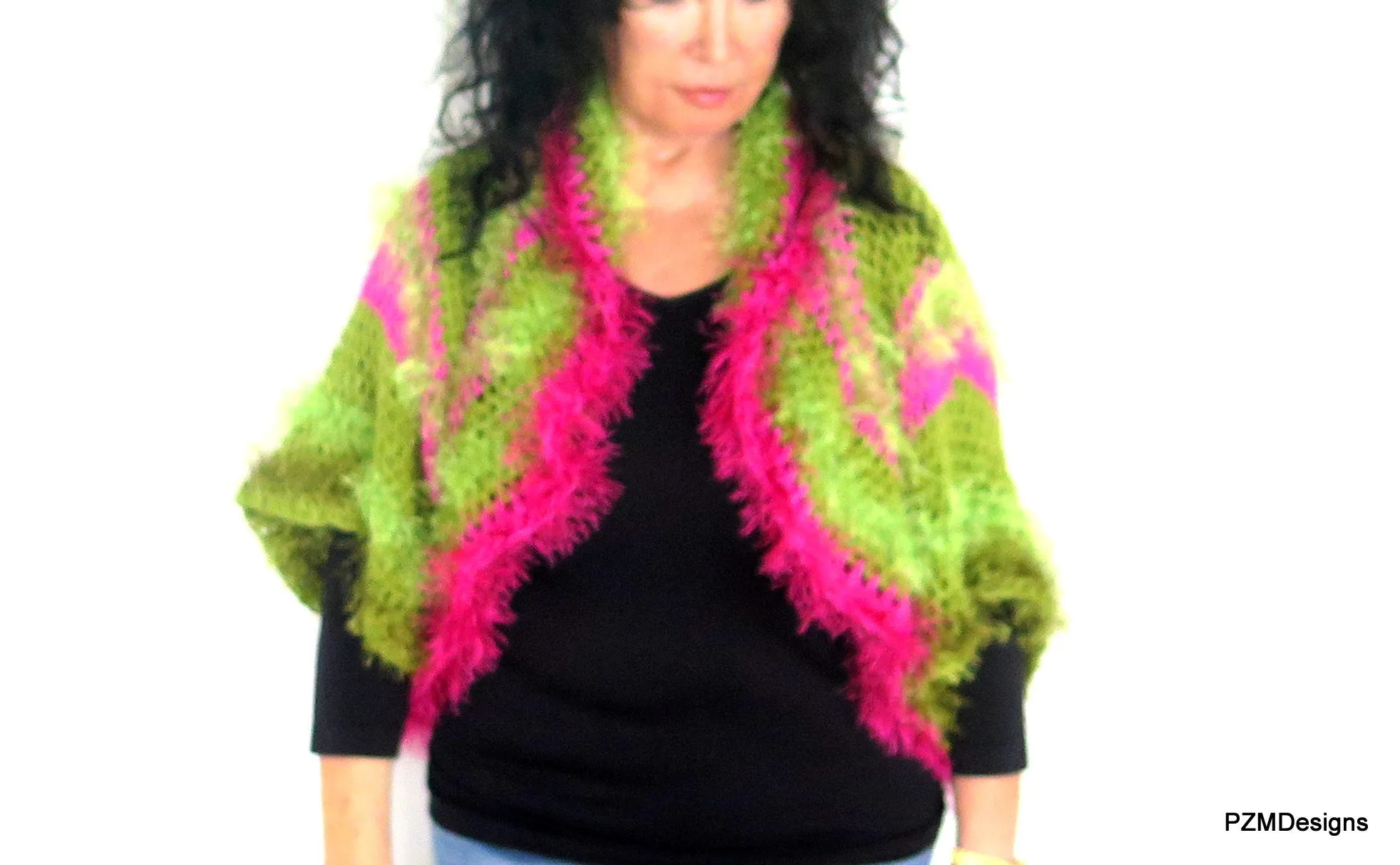 Green and Pink Unusual Designer Circle Shrug, Colorful Fashion Hand Crochet Jacket