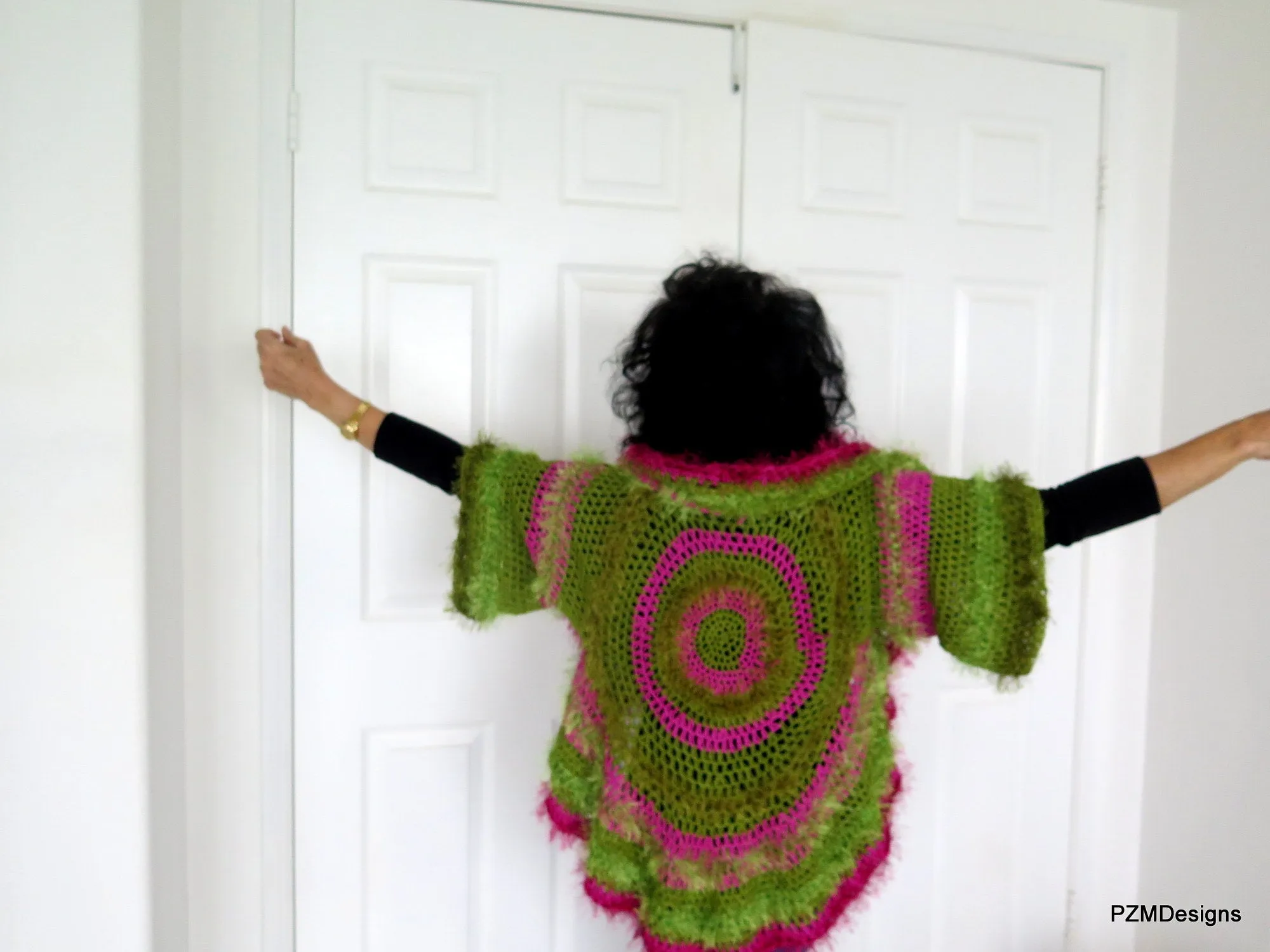 Green and Pink Unusual Designer Circle Shrug, Colorful Fashion Hand Crochet Jacket