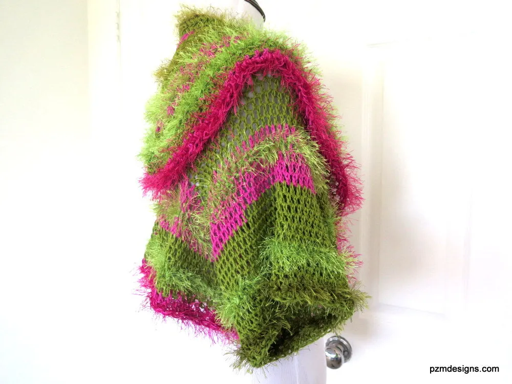 Green and Pink Unusual Designer Circle Shrug, Colorful Fashion Hand Crochet Jacket