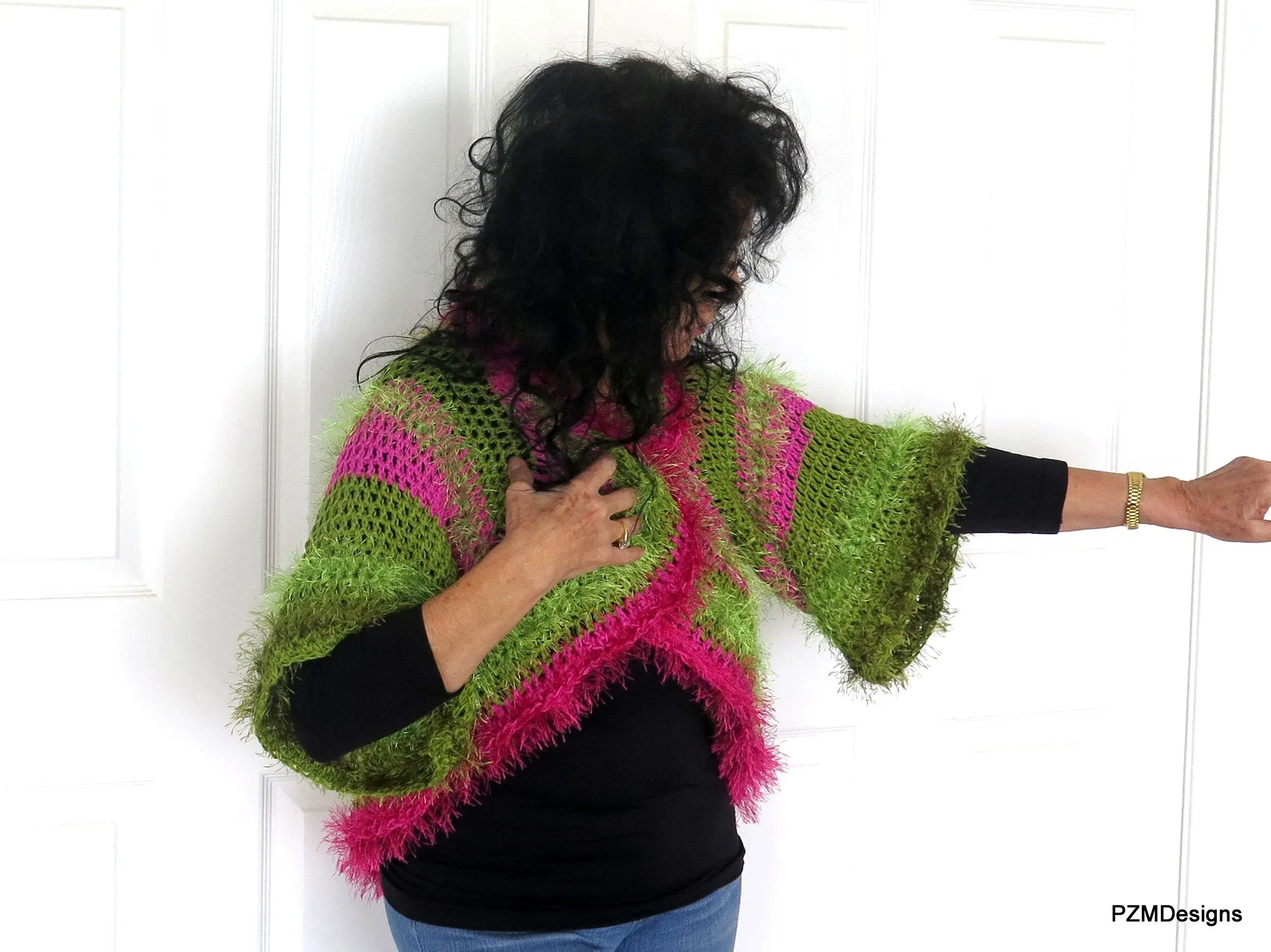 Green and Pink Unusual Designer Circle Shrug, Colorful Fashion Hand Crochet Jacket