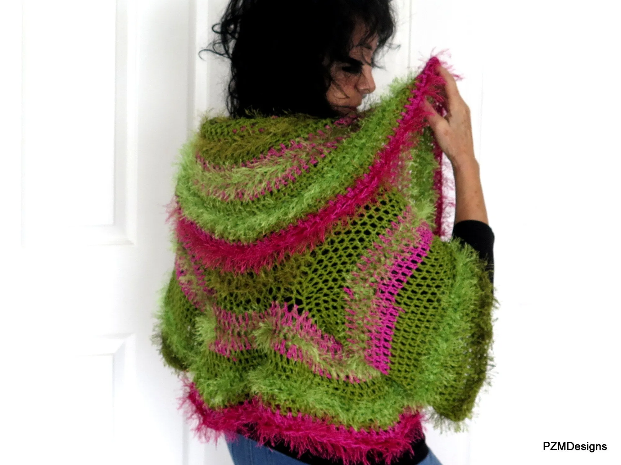 Green and Pink Unusual Designer Circle Shrug, Colorful Fashion Hand Crochet Jacket