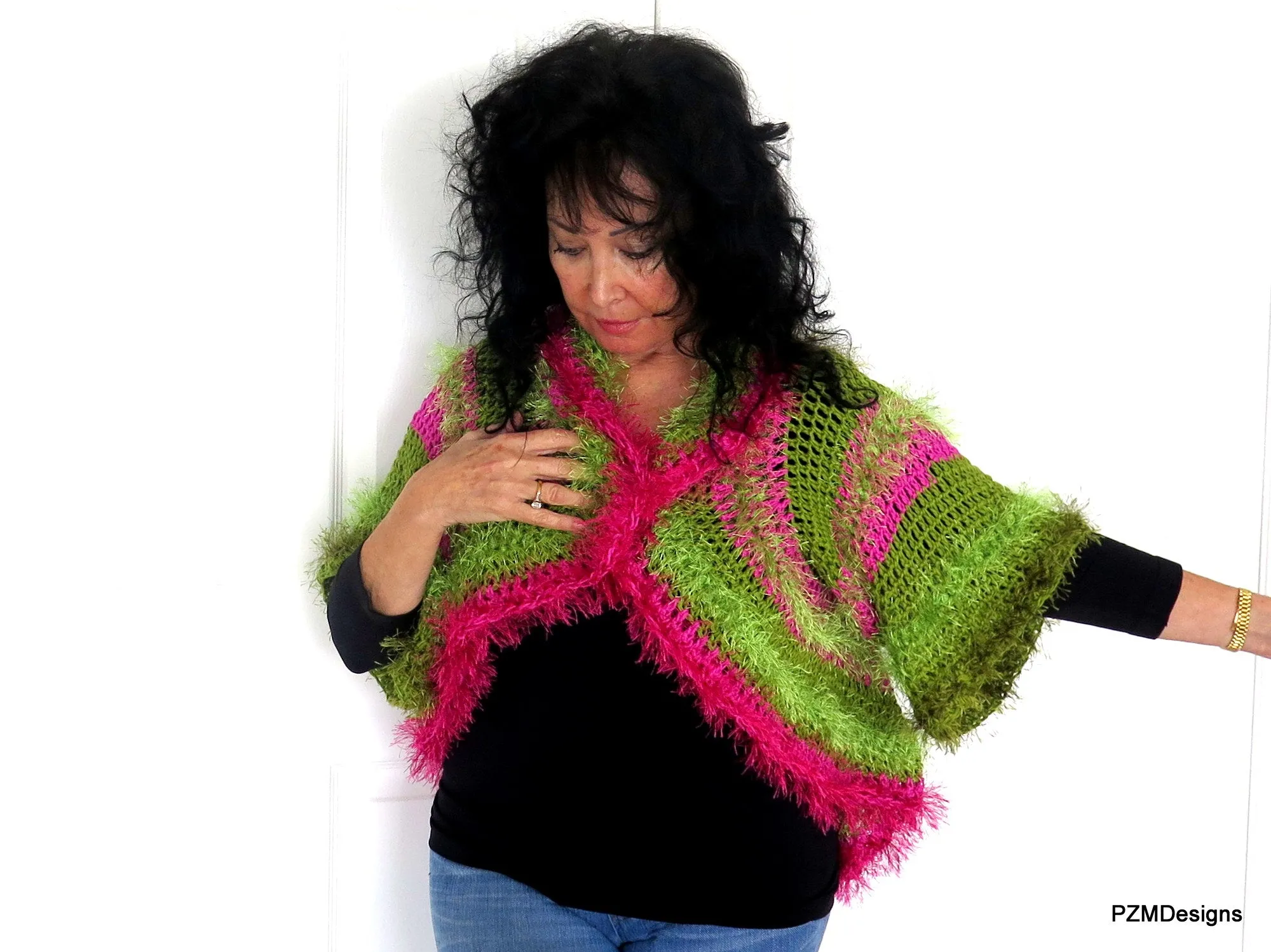 Green and Pink Unusual Designer Circle Shrug, Colorful Fashion Hand Crochet Jacket