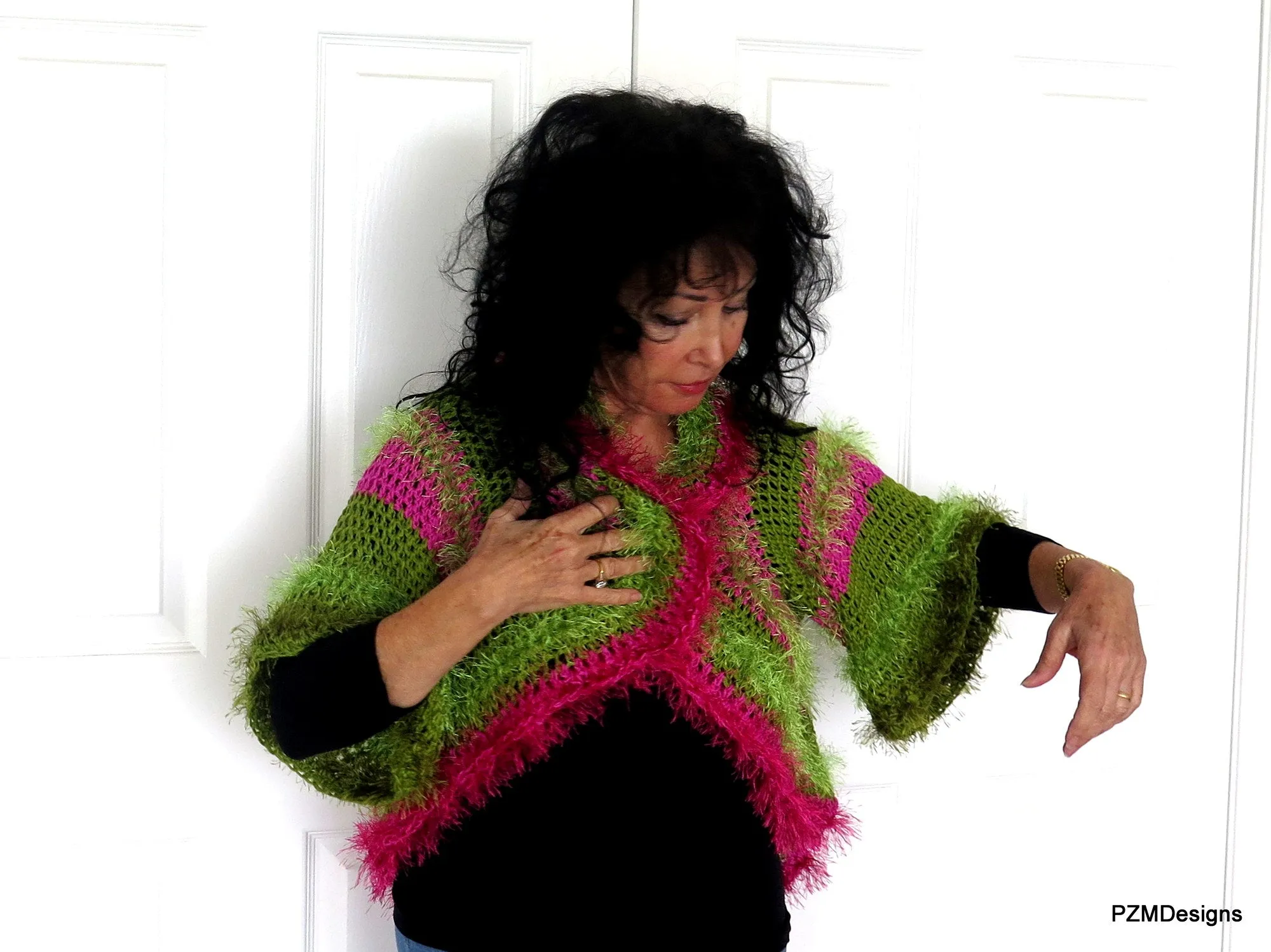 Green and Pink Unusual Designer Circle Shrug, Colorful Fashion Hand Crochet Jacket