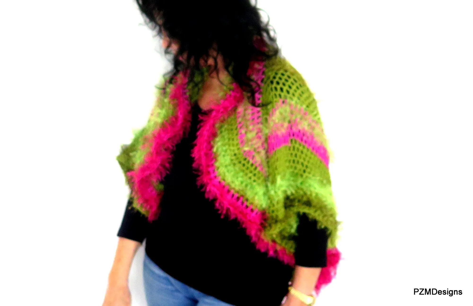 Green and Pink Unusual Designer Circle Shrug, Colorful Fashion Hand Crochet Jacket