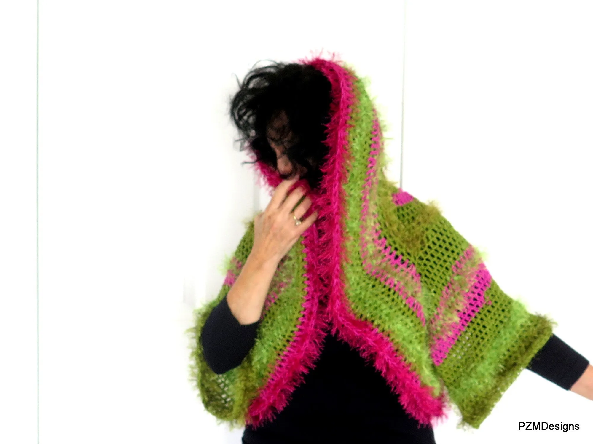 Green and Pink Unusual Designer Circle Shrug, Colorful Fashion Hand Crochet Jacket