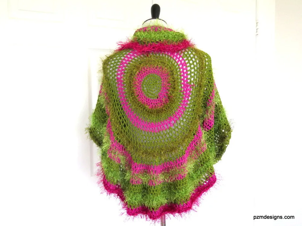 Green and Pink Unusual Designer Circle Shrug, Colorful Fashion Hand Crochet Jacket