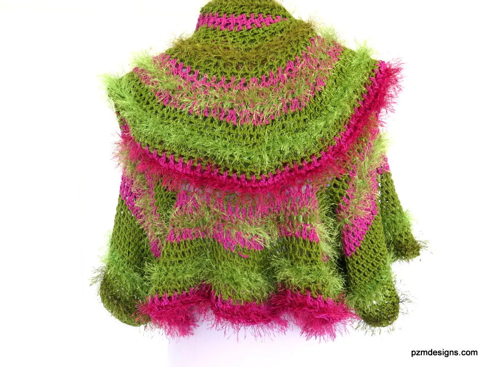 Green and Pink Unusual Designer Circle Shrug, Colorful Fashion Hand Crochet Jacket