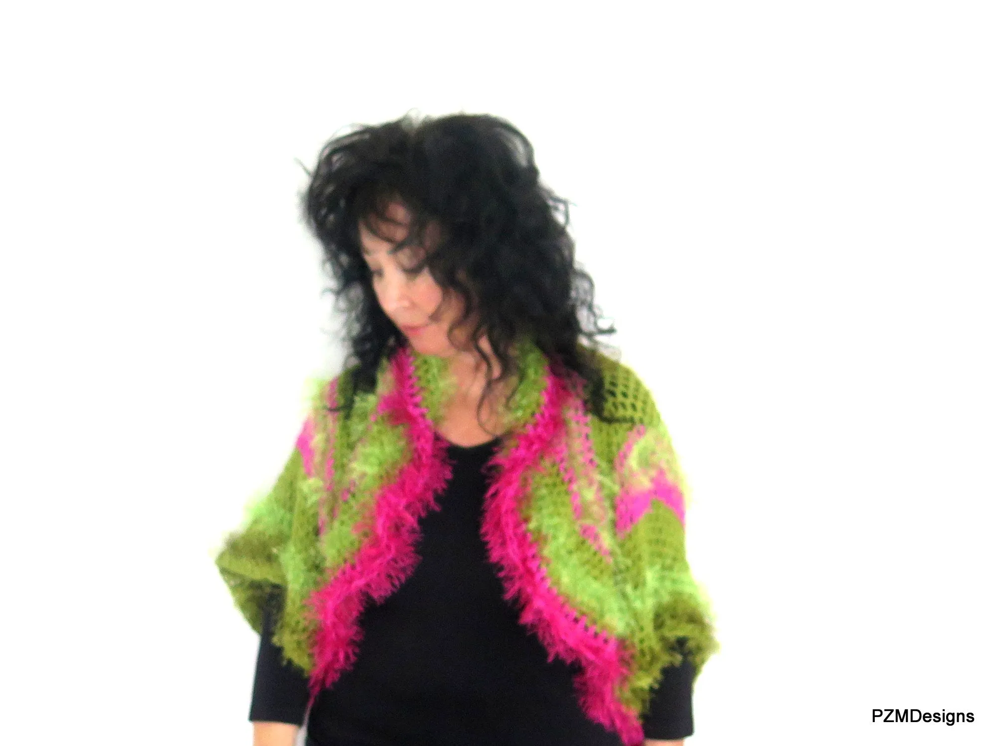 Green and Pink Unusual Designer Circle Shrug, Colorful Fashion Hand Crochet Jacket