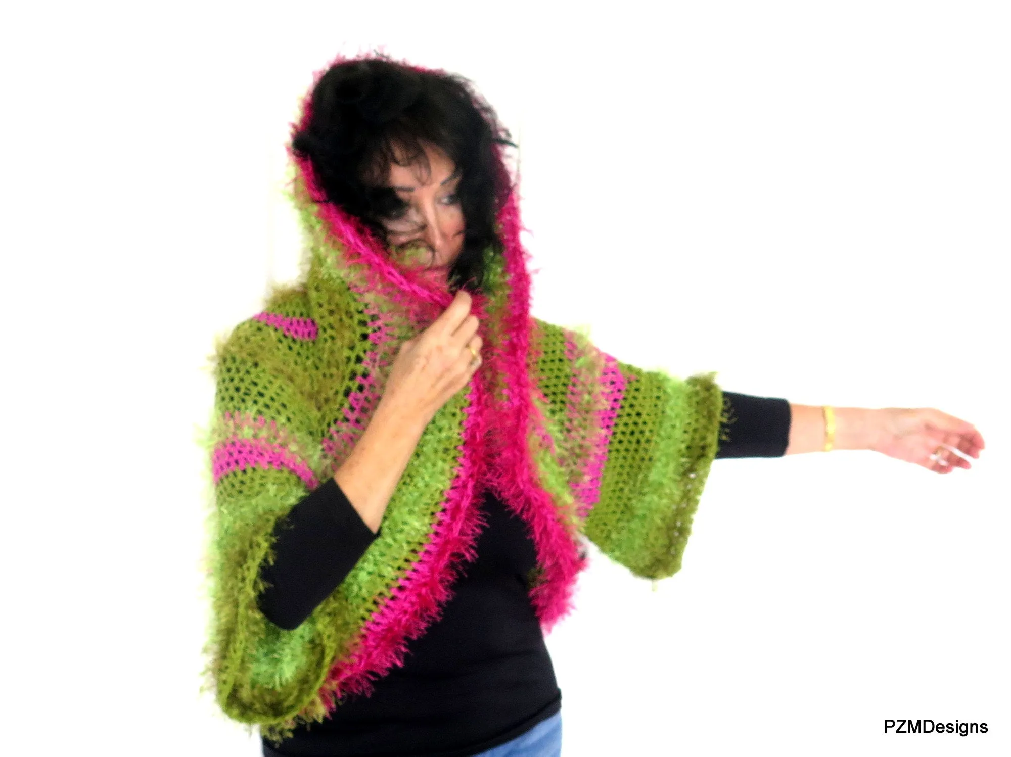 Green and Pink Unusual Designer Circle Shrug, Colorful Fashion Hand Crochet Jacket