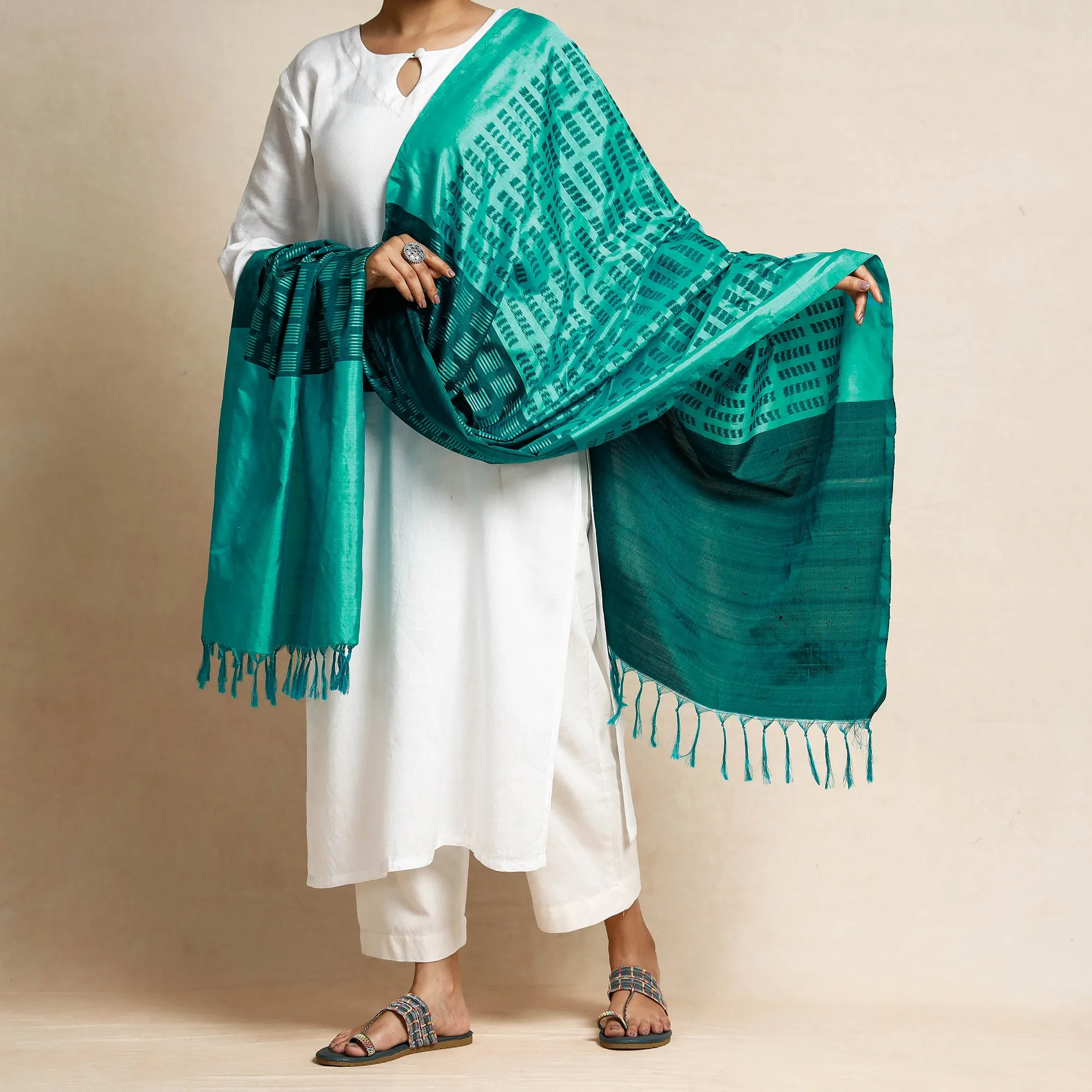 Green - Pochampally Ikat Handloom Mulberry Silk Dupatta with Tassels