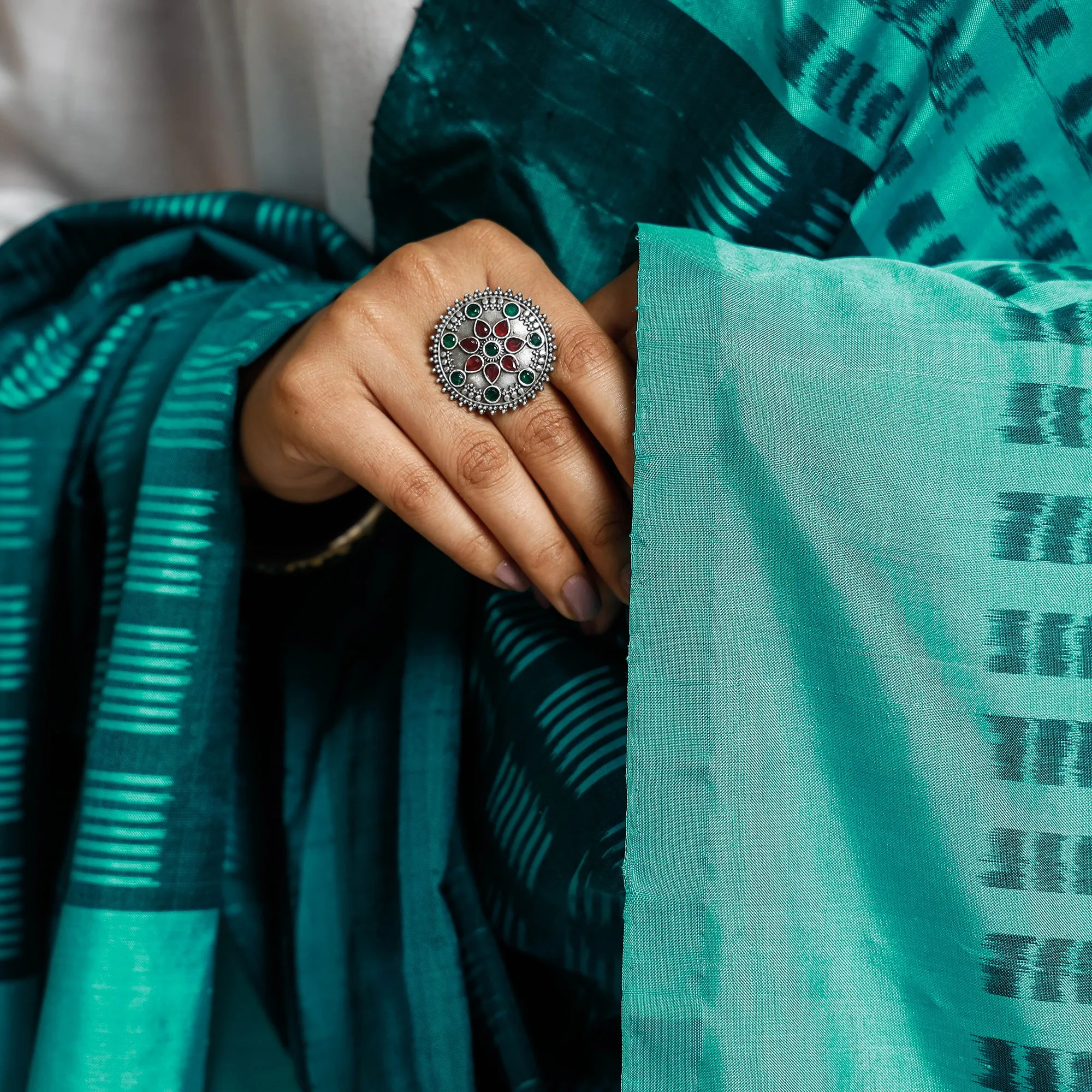 Green - Pochampally Ikat Handloom Mulberry Silk Dupatta with Tassels