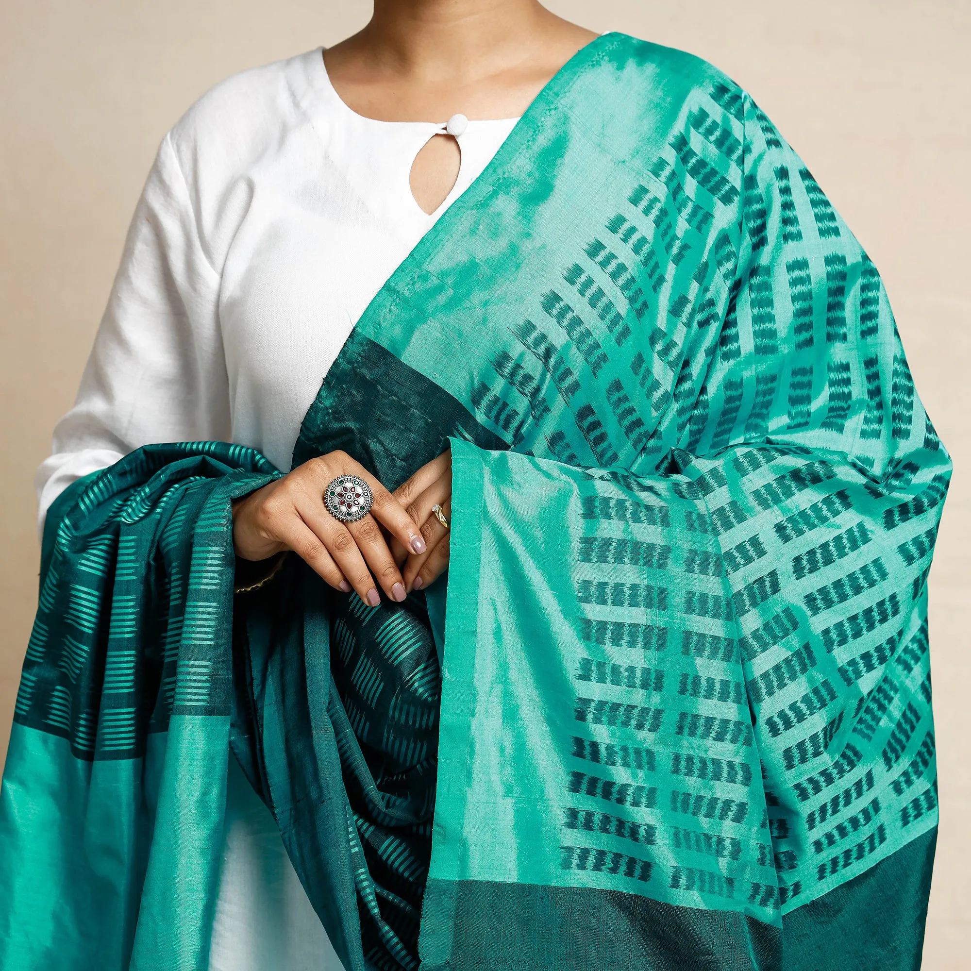 Green - Pochampally Ikat Handloom Mulberry Silk Dupatta with Tassels