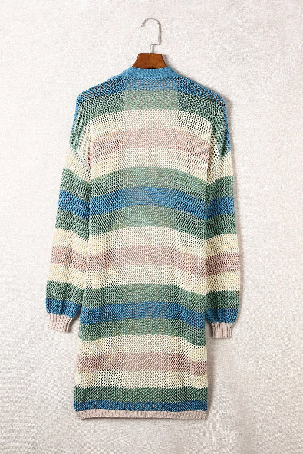 Green Striped Color Block Casual Cutout Knit Cardigan