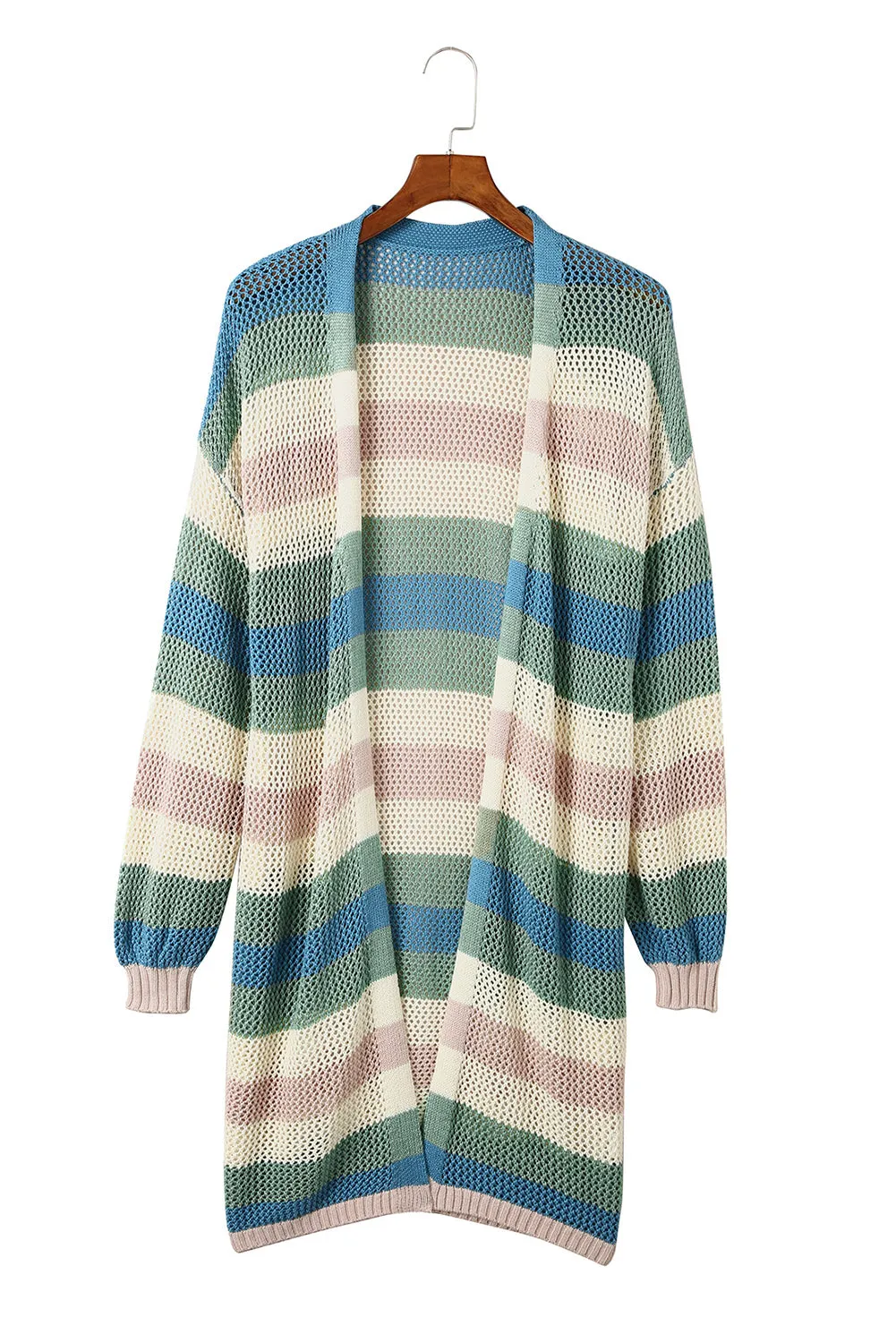 Green Striped Color Block Casual Cutout Knit Cardigan