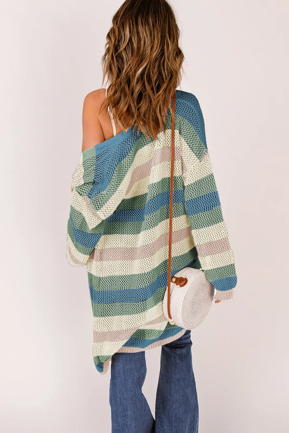 Green Striped Color Block Casual Cutout Knit Cardigan