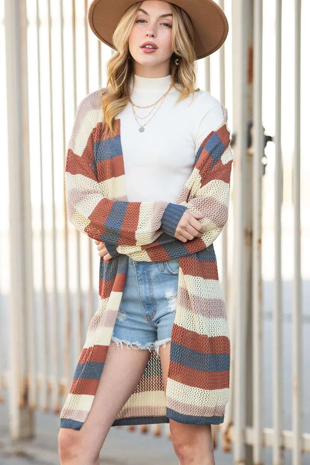 Green Striped Color Block Casual Cutout Knit Cardigan