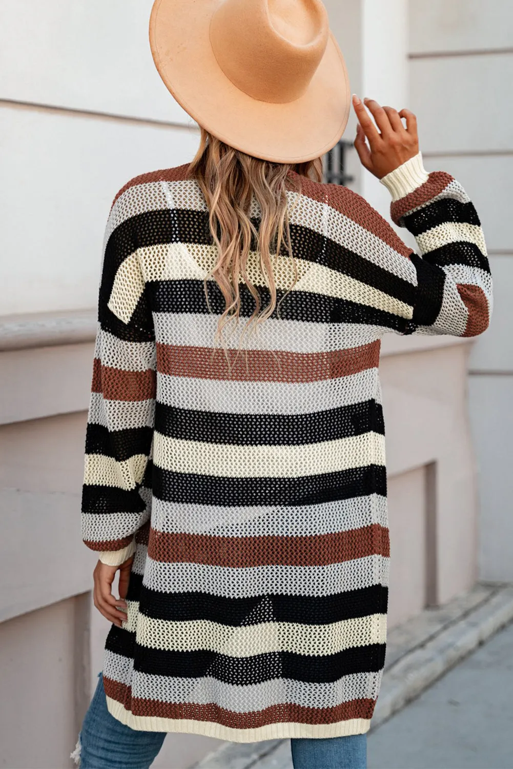 Green Striped Color Block Casual Cutout Knit Cardigan