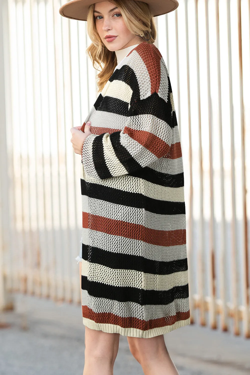 Green Striped Color Block Casual Cutout Knit Cardigan