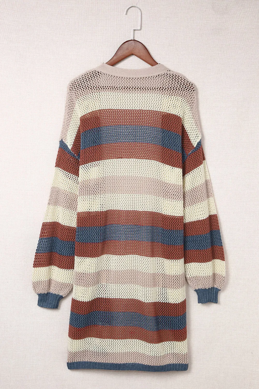 Green Striped Color Block Casual Cutout Knit Cardigan