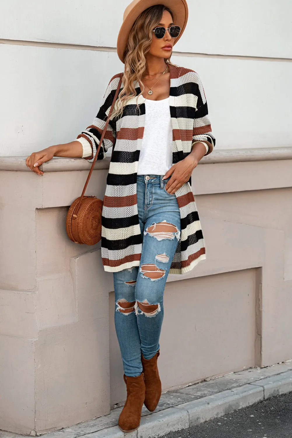 Green Striped Color Block Casual Cutout Knit Cardigan