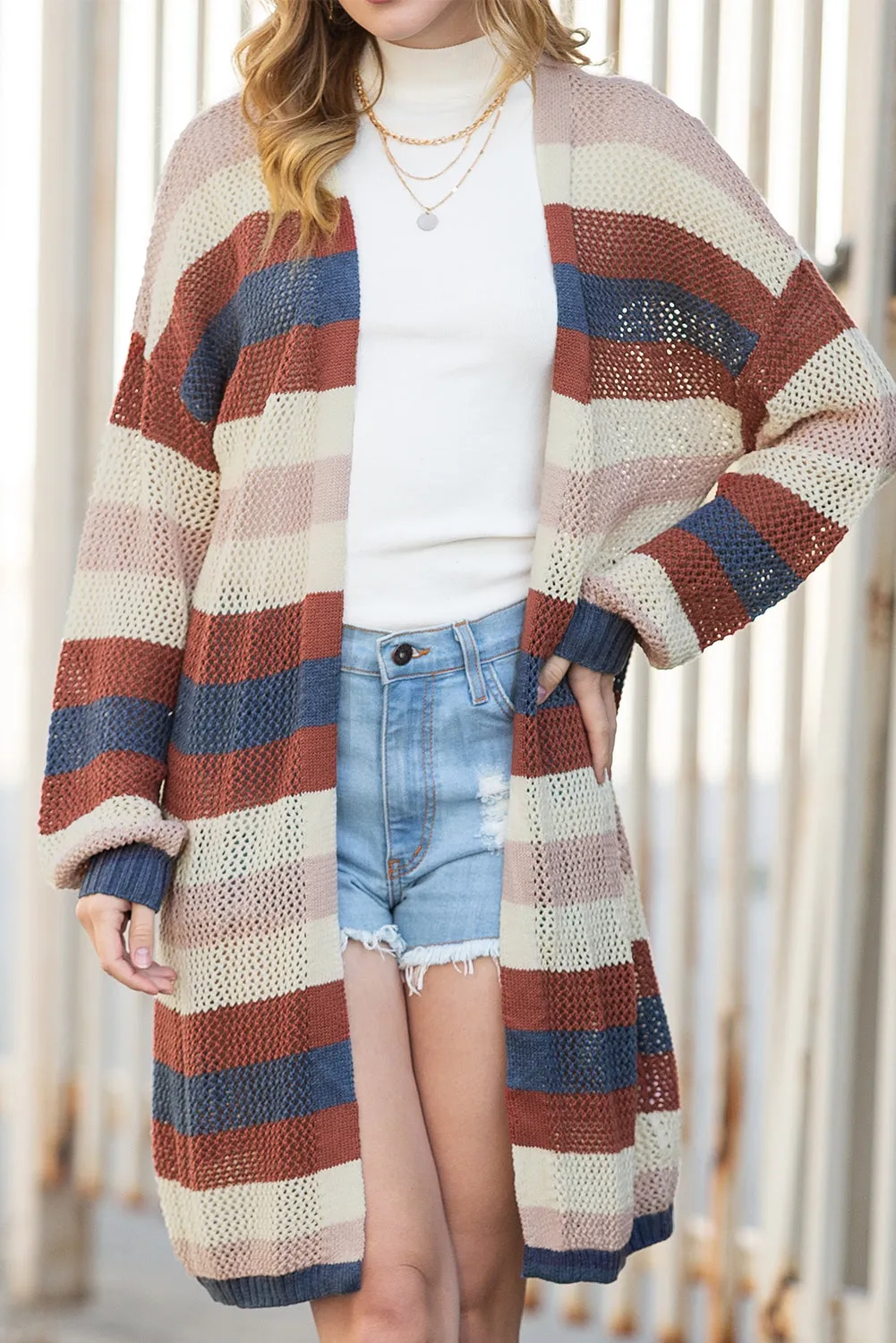 Green Striped Color Block Casual Cutout Knit Cardigan