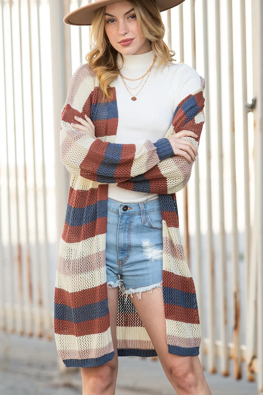 Green Striped Color Block Casual Cutout Knit Cardigan