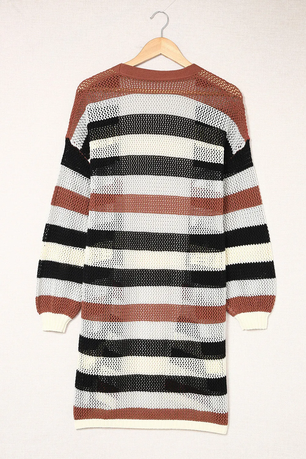 Green Striped Color Block Casual Cutout Knit Cardigan