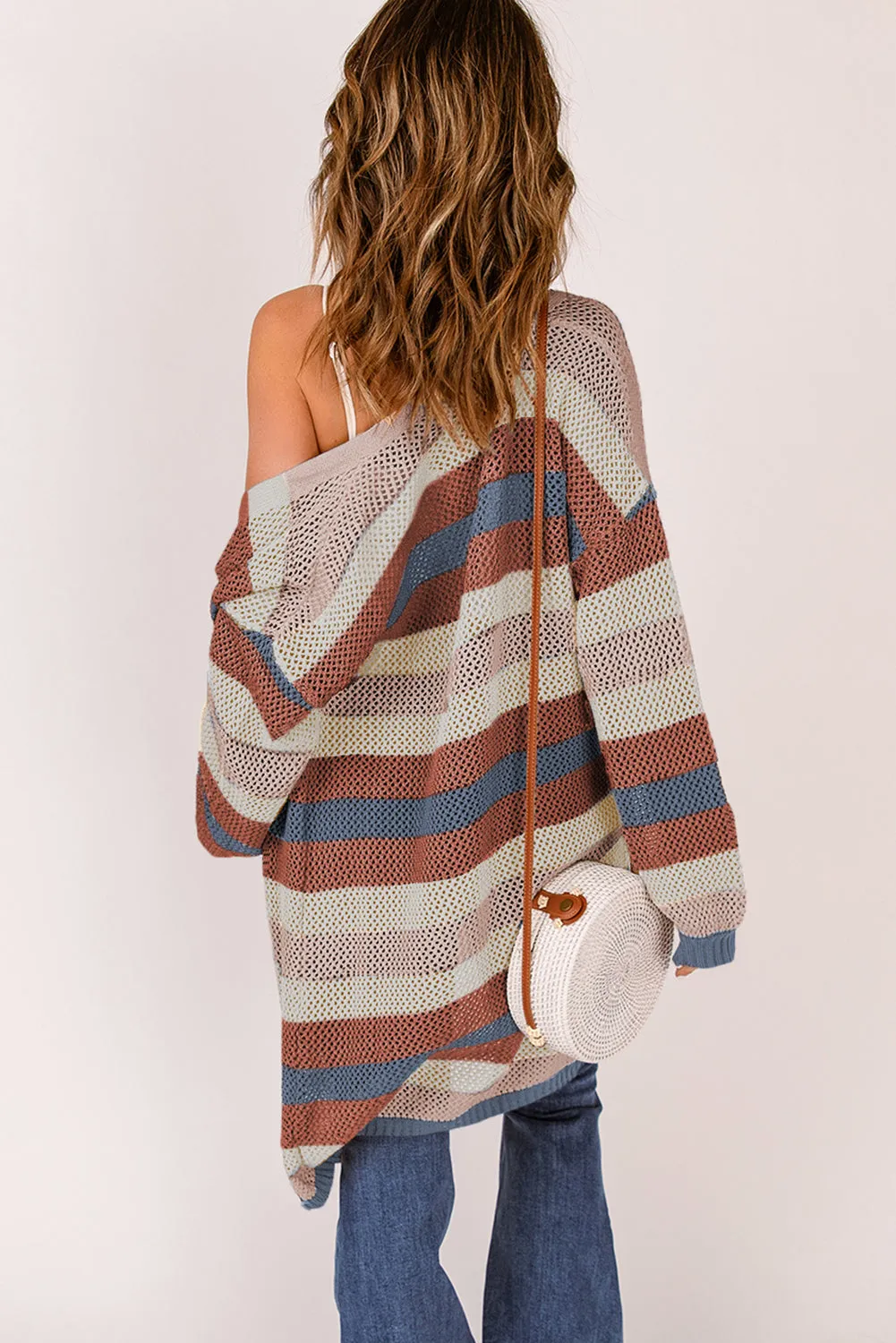 Green Striped Color Block Casual Cutout Knit Cardigan