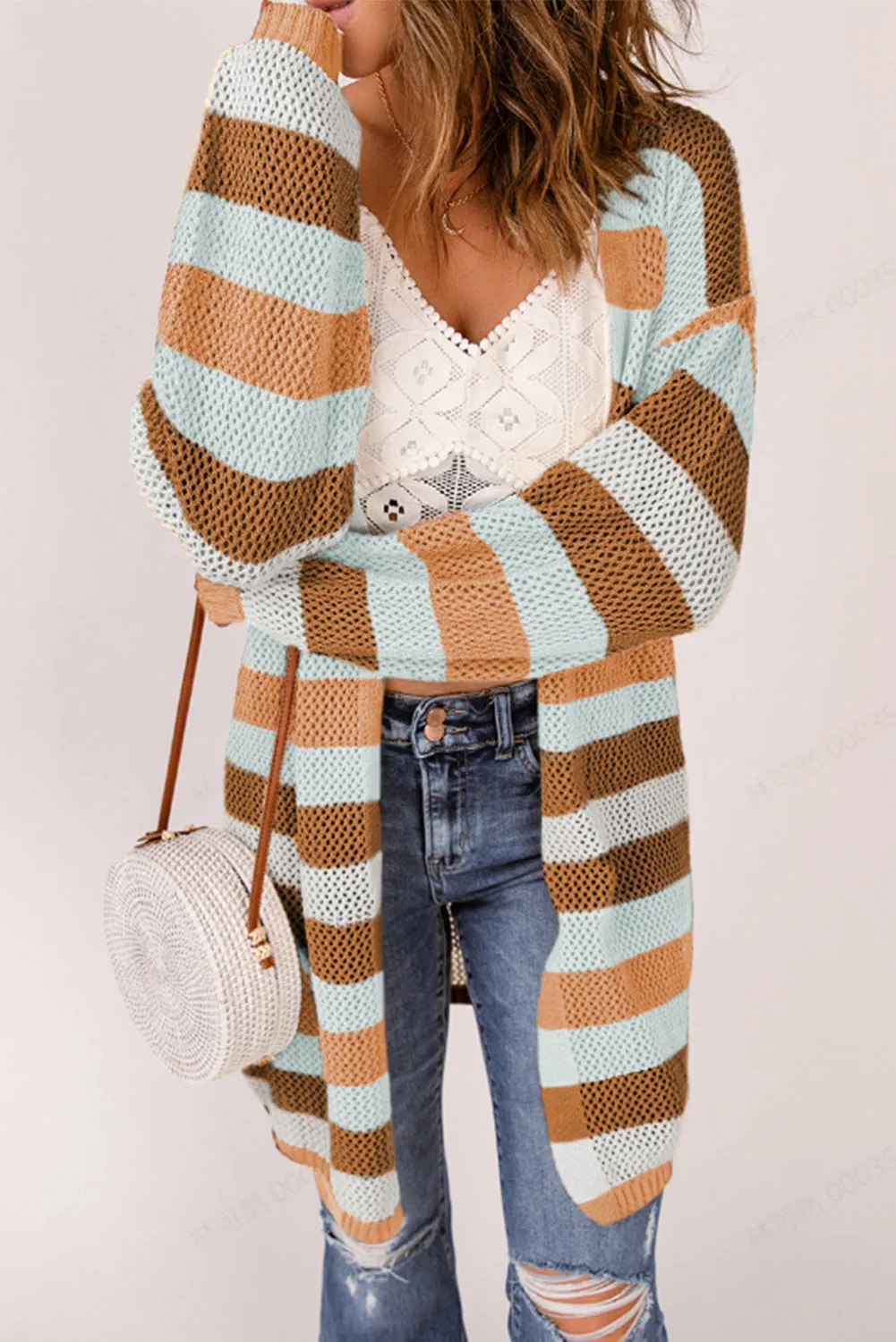 Green Striped Color Block Casual Cutout Knit Cardigan