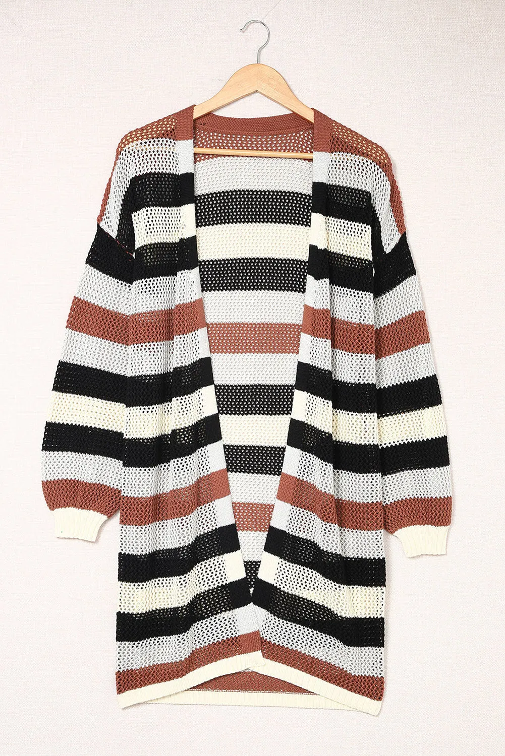 Green Striped Color Block Casual Cutout Knit Cardigan