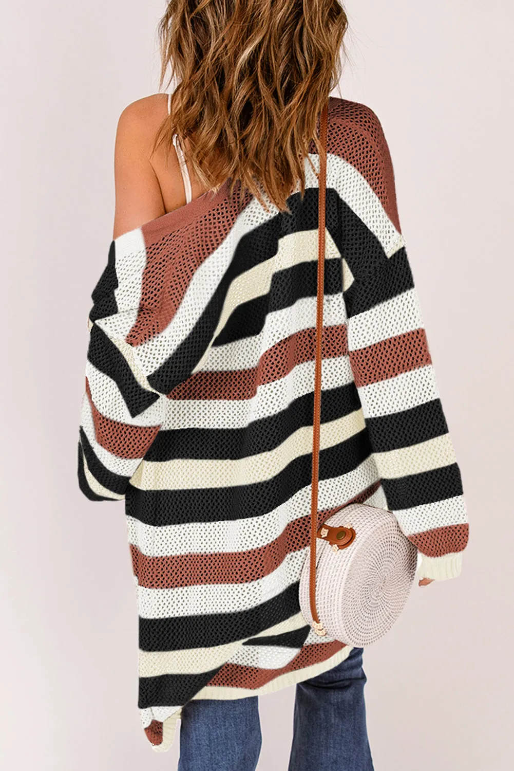 Green Striped Color Block Casual Cutout Knit Cardigan