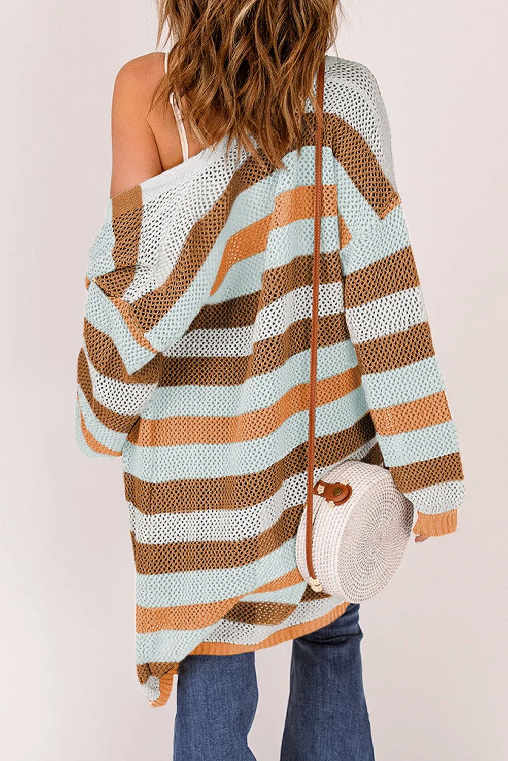 Green Striped Color Block Casual Cutout Knit Cardigan