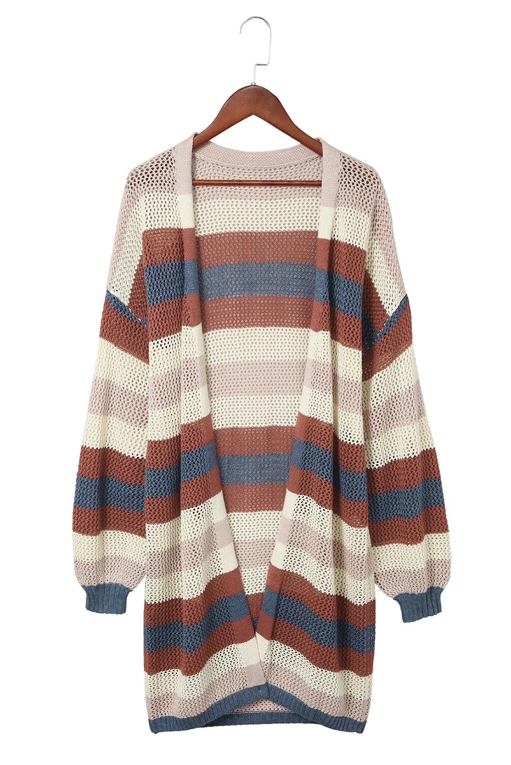 Green Striped Color Block Casual Cutout Knit Cardigan