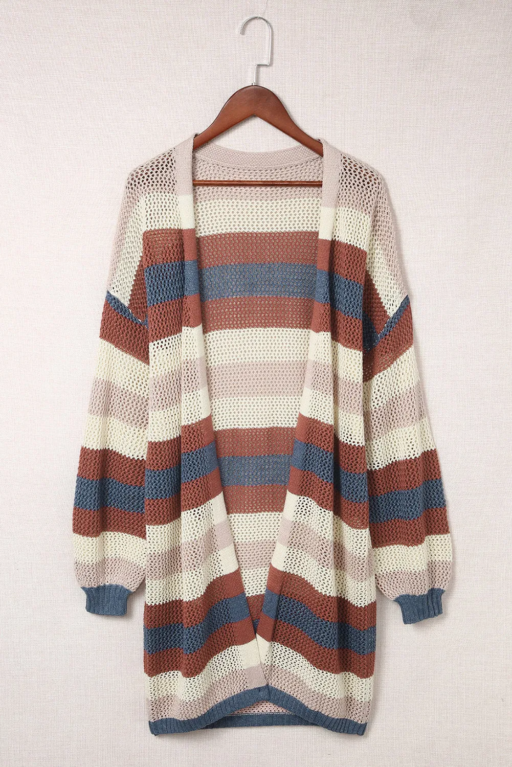 Green Striped Color Block Casual Cutout Knit Cardigan