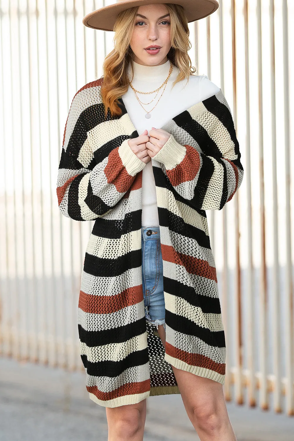 Green Striped Color Block Casual Cutout Knit Cardigan