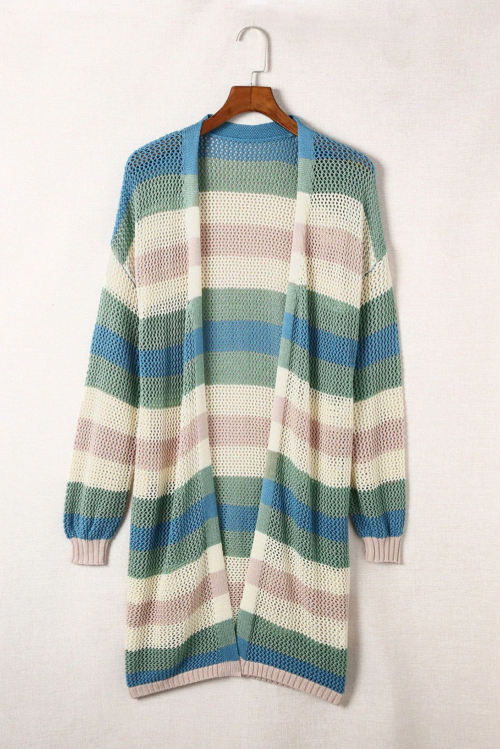 Green Striped Color Block Casual Cutout Knit Cardigan