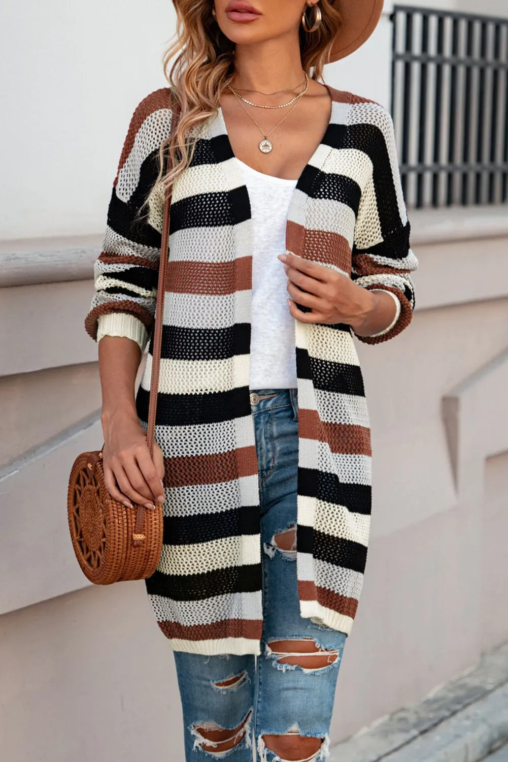 Green Striped Color Block Casual Cutout Knit Cardigan