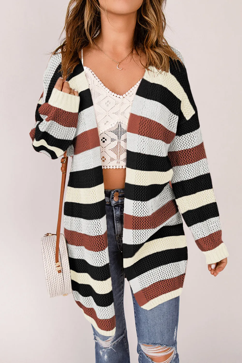 Green Striped Color Block Casual Cutout Knit Cardigan