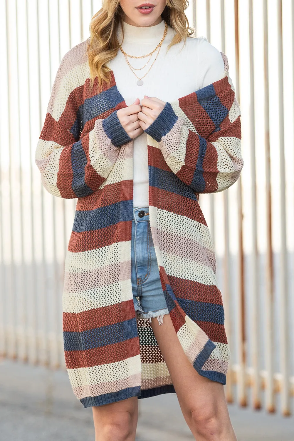 Green Striped Color Block Casual Cutout Knit Cardigan