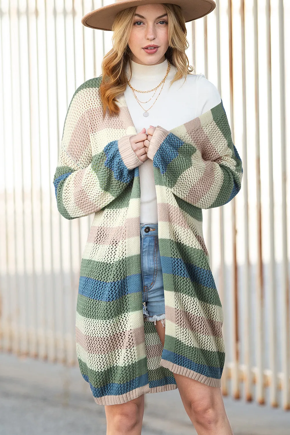 Green Striped Color Block Casual Cutout Knit Cardigan